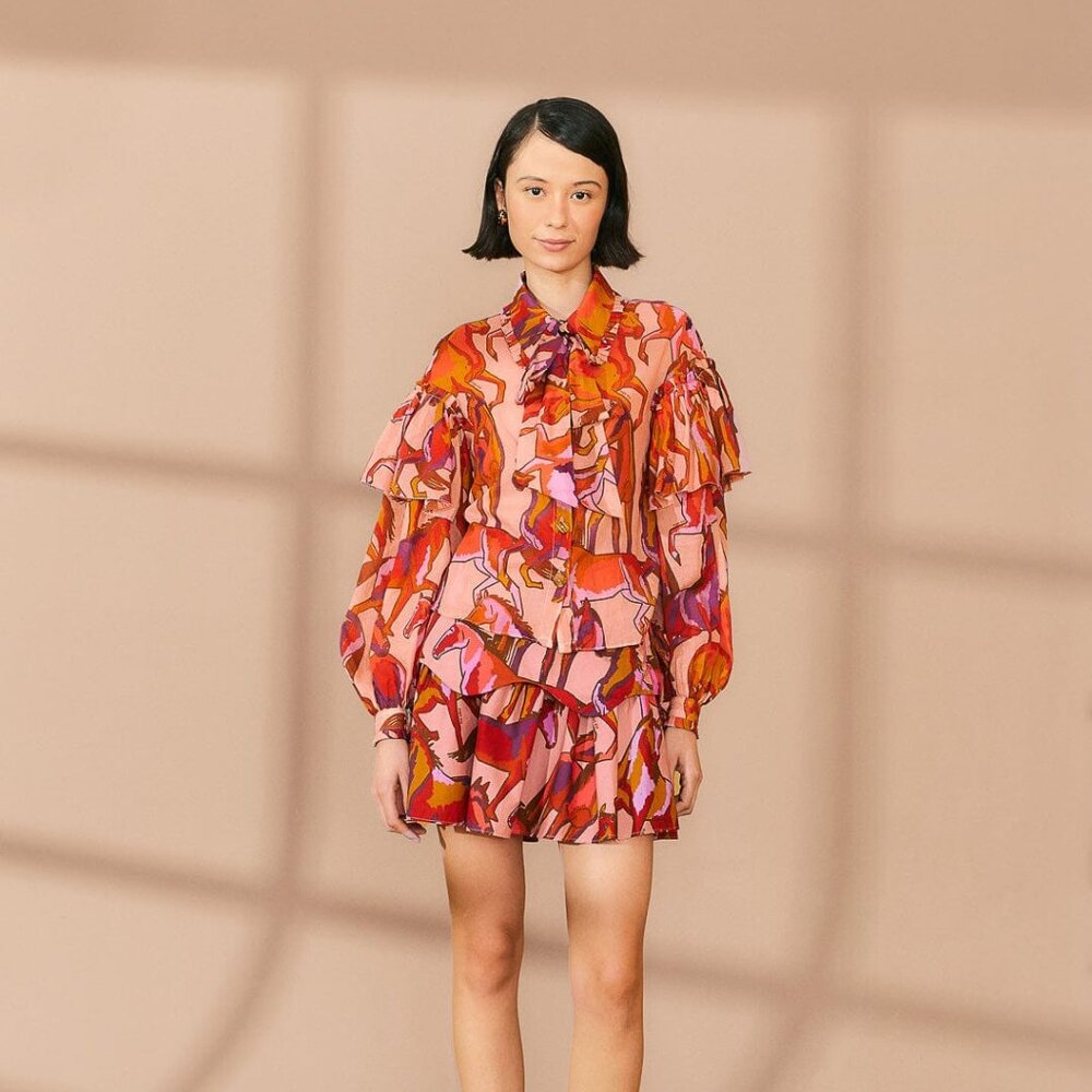 Rose Wild Horses Bow Neck Tie Blouse